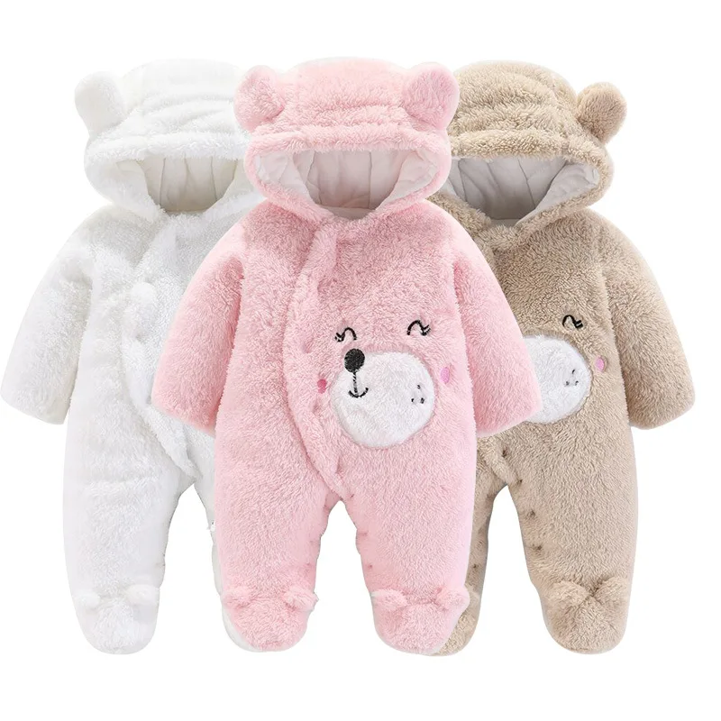 0-12M Baby Boy Clothes Cute Plush Cartoon Baby Rompers Autumn Winter Warm Hooded Infant Girls Overall Jumpsuit Newborn Romper