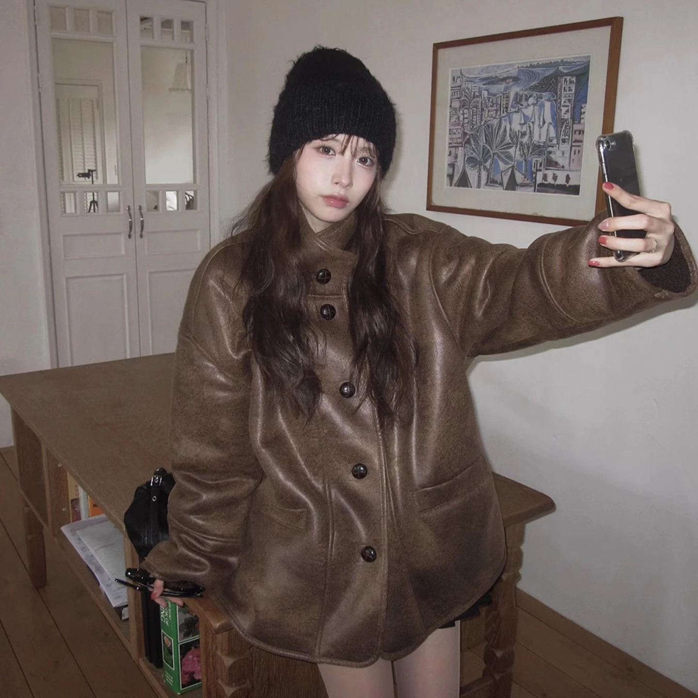 الرجعية Sle جلد الغزال دراجة نارية Jaet المرأة الشتاء الدفء القطن معطف Inteated الفراء والجلد ملابس خارجية #1