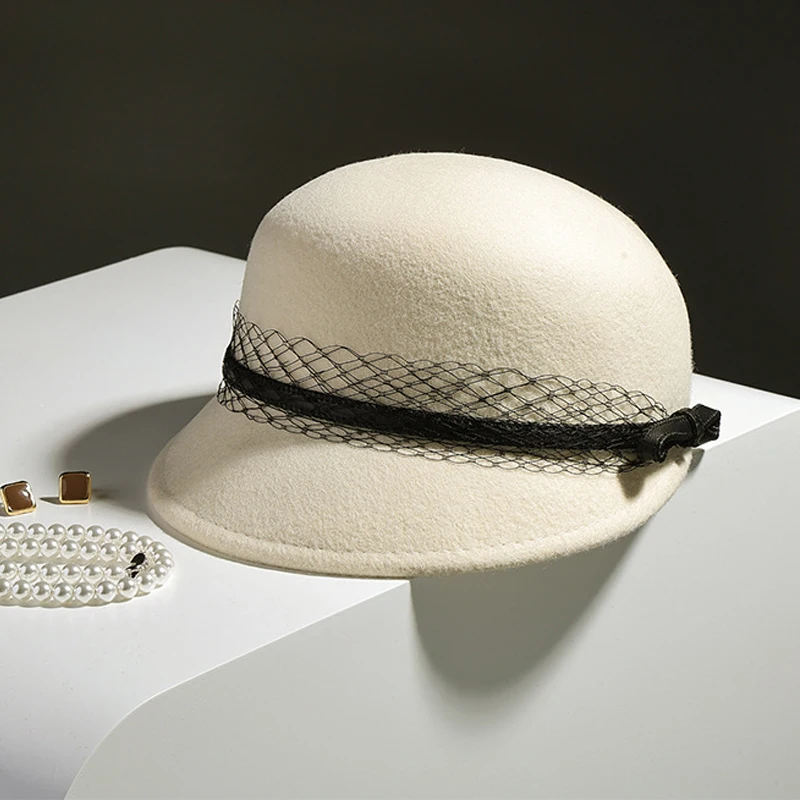 

Women Wool Felt Hat With Black Veil Ribbon Elegant Cap Visor Winter Autumn Warm Accessory For Outdoor Sports Holiday