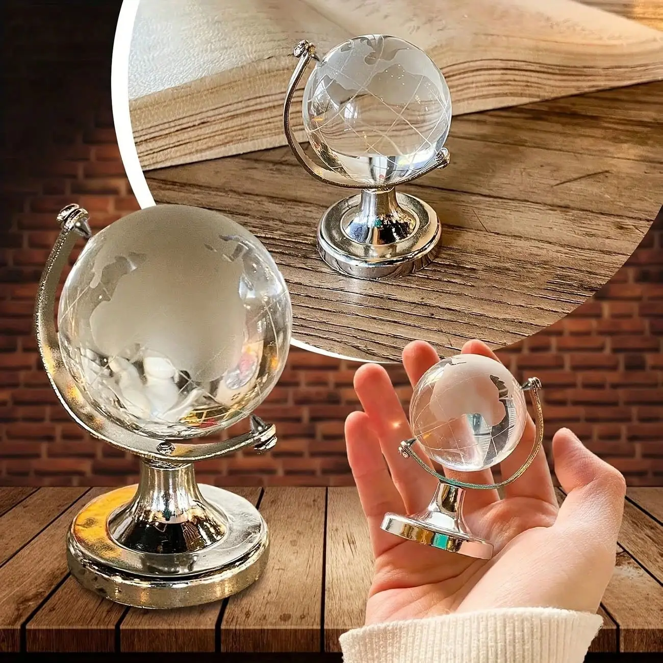 Mini globe terrestre en verre cristal avec support métallique, sphère décorative de bureau, ornement de table pour la maison, cadeau pour les passionnés de géographie
