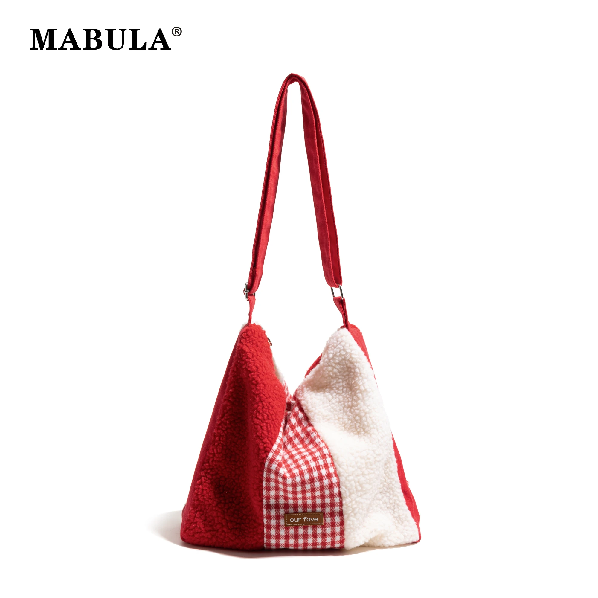 MABULA Christmas Red Patchwork Plaid Crossbody Satchel Lightweight Portable Shoulder Shopping Purse Lamb Fabric Tote Handbag