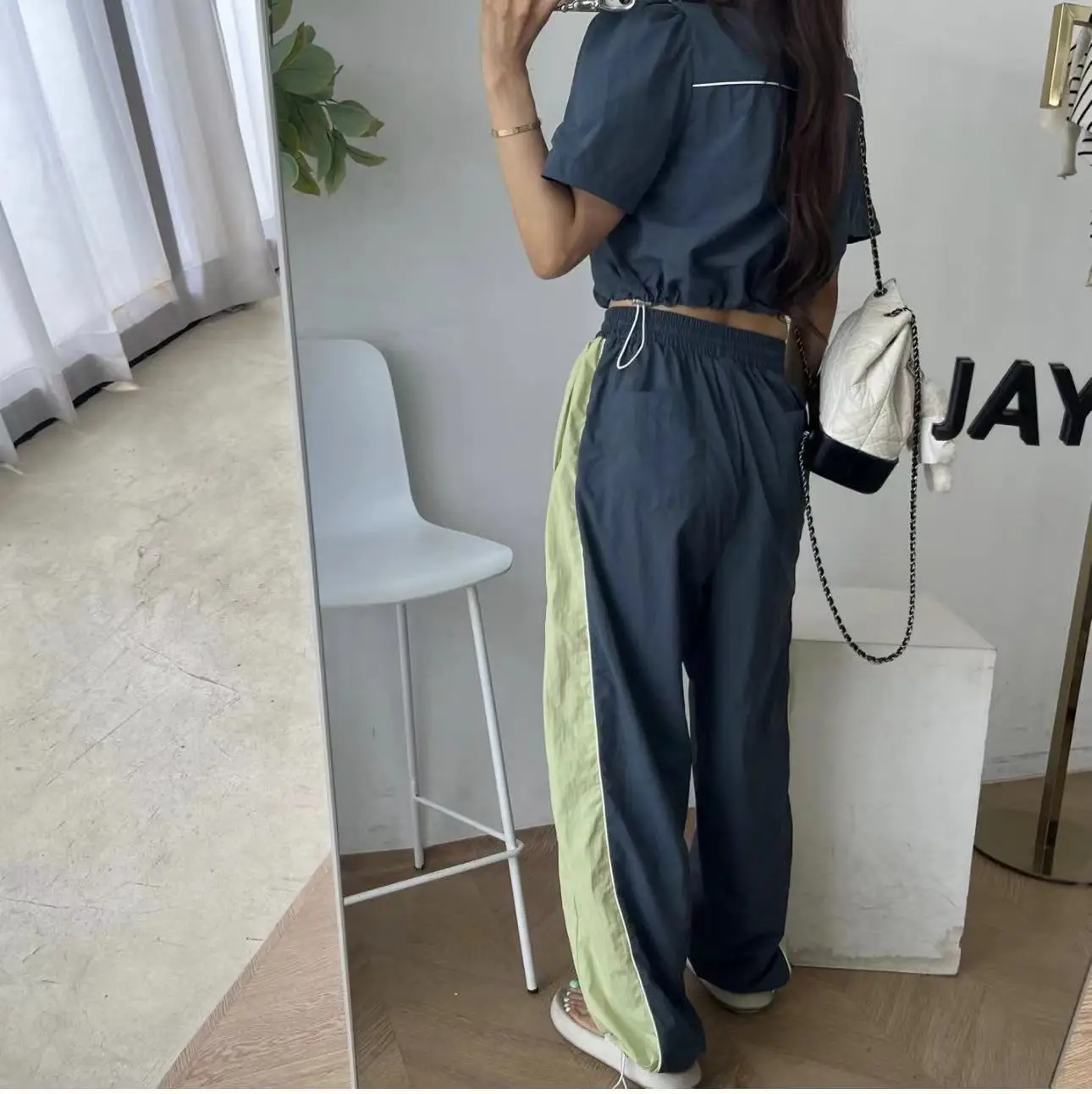 Women's Bubble Sve Windbreaker Jaet with Waist-Cinching Dstring ort Casual Pants Set Faionable Polyester Blend