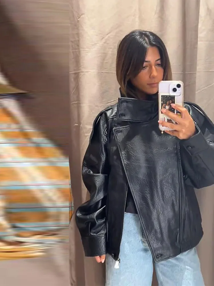 Dámská kožená bunda s dlouhým rukávem a stojáčkem na zip, volná, s kapsami na zip, dámské kabáty, podzim 2025, dámské svrchní oblečení s lokomotivou - náhled 5