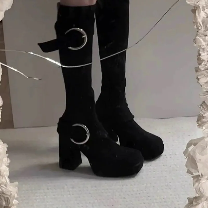 Autumn Winter Long-leg Boots  New Square Toe Cow Suede Side Zip Metal Buckle Platform Block Heel Shoes