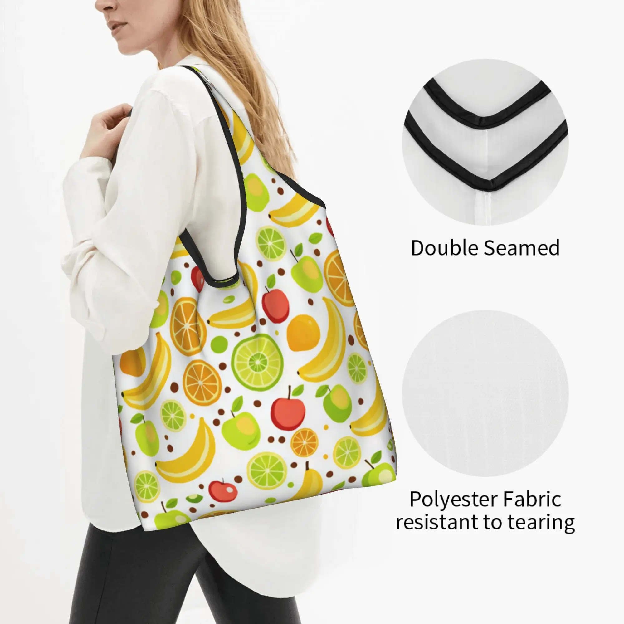 Funny With Kiwi Banana Apple Orange Lime Shopping Tote Bag Portable Tropical Fruit Grocery Shopper Shoulder Bag