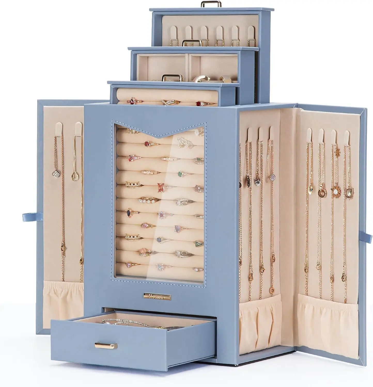 

Jewelry Organizer with Transparent Window Necklace Hooks Gift for Women Jewelry Box Display Case for Necklaces Rings