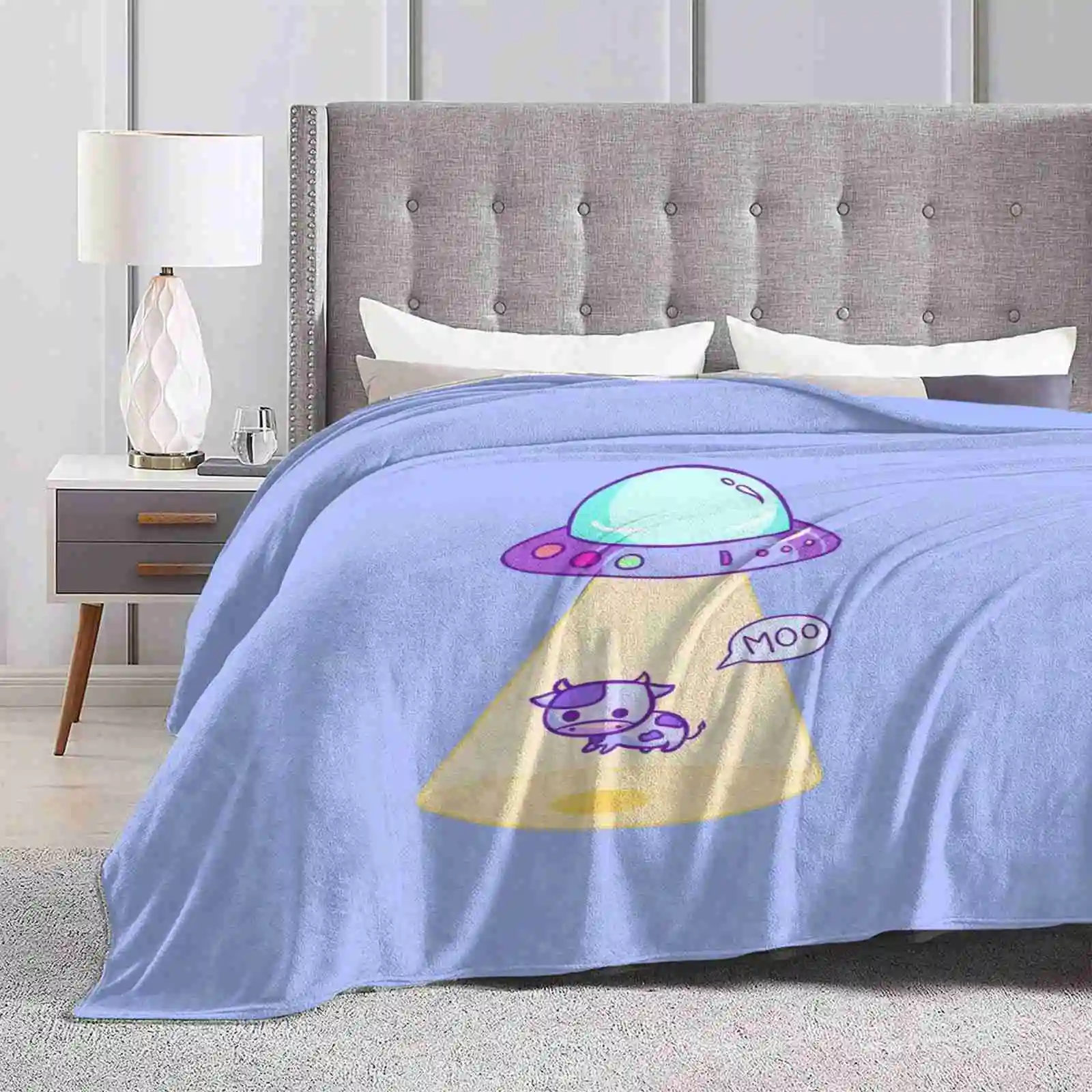 Abduction Fashion Soft Warm Throw Blanket Moon Cow Space Alien Ufo Abduction Mars Kawaii Cute Pastel Light Yellow Purple Lilac