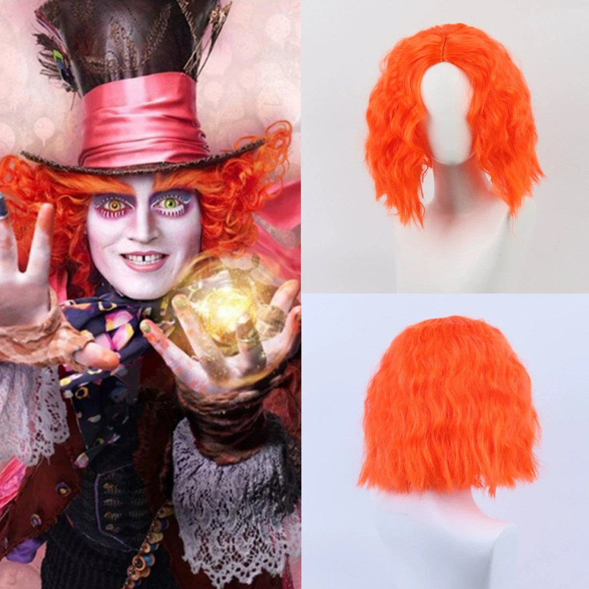 QQXCAIW Anime Alice in Wonderland 2 Mad Hatter Cosplay Wigs Orange Short Curly Wig Synthetic Wig For Halloween Cosplay Party