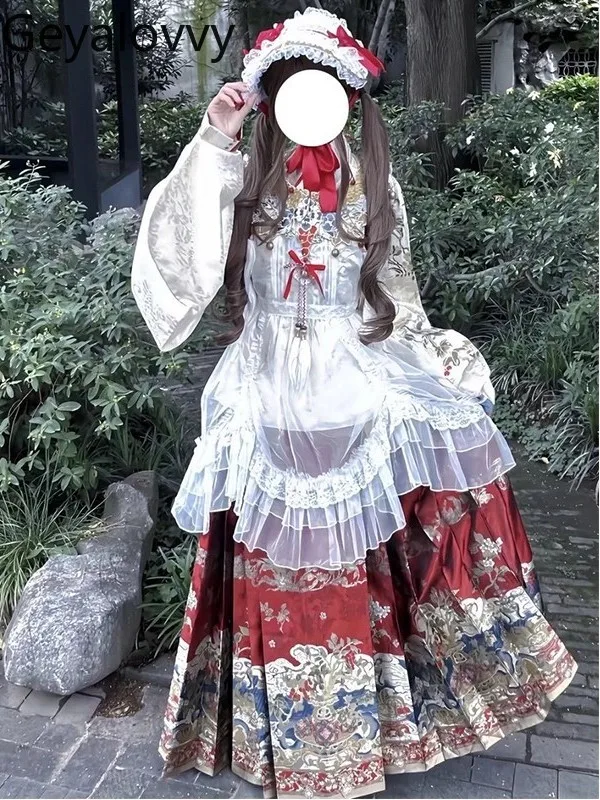 Trajes de estilo chino Otoño Invierno Arco diario Top rojo y falda larga estampada de cintura alta conjunto versátil de Lolita dulce para niñas