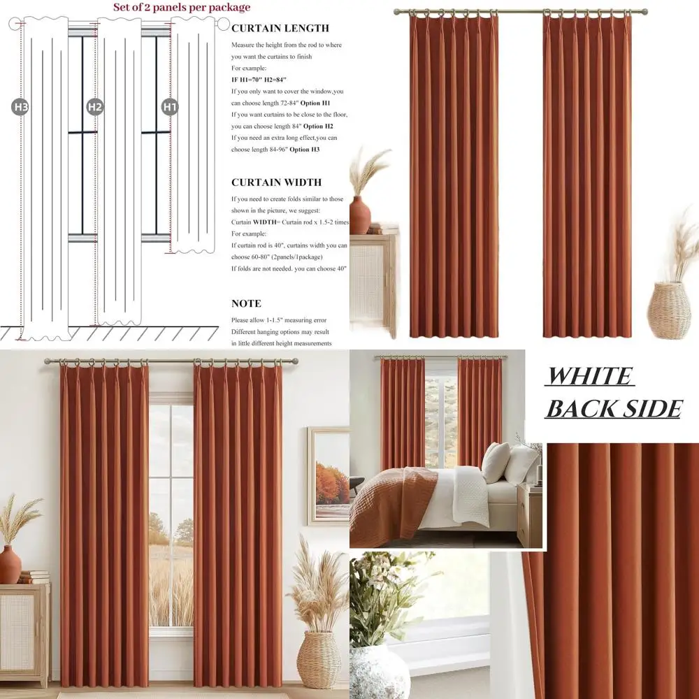 

Autumn Terracotta Pinch Pleat Curtains, 90 Long, 2-Panel Set, Retro Boho Style, Thermal Insulated for Living/Bedroom, Antique Co
