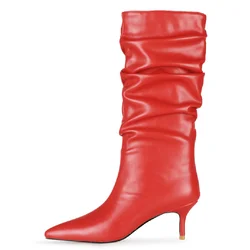 Sexy Heels Western Boots Fashion Pleated Knee High Boots Women Pointed Toe Red Beige Autumn Winter Party Shoes Female 2025