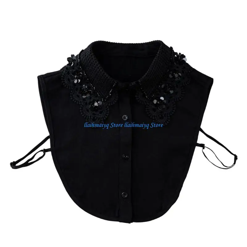 573B Detachable Collar with Sparkling Sequins And HollowOut Pattern Lace Faux Collar