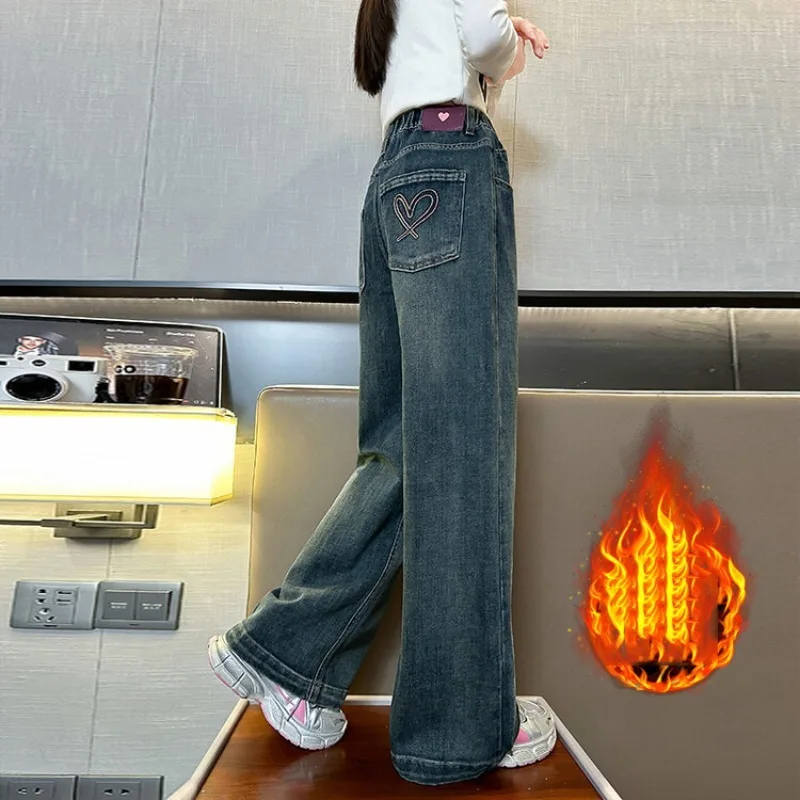 Winter 4-14 Jahre Mädchen Jeans UNITIM Fleece Dicke Kinder Mädchen Denim Hosen mit Liebe-Tasche Teenager Mädchen Integrierte Gerade Hosen – Detail 8