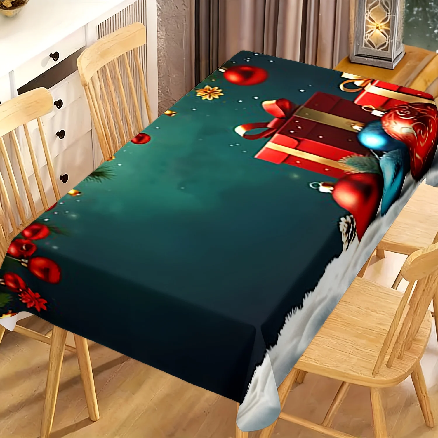 1pc 2D Flat Tablecloth, Red Christmas Baubles, Golden Ribbon Gift Box & Snowy Pine Branch Printed Rectangle Tablecloth