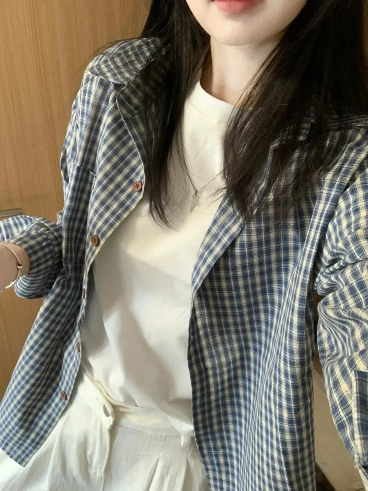 

Lazy Sle Vintage Blue Plaid Long Sve Men's Casual irt Spring Outerwear Trendy Brand Polyester Fiber Regular Fit Button up