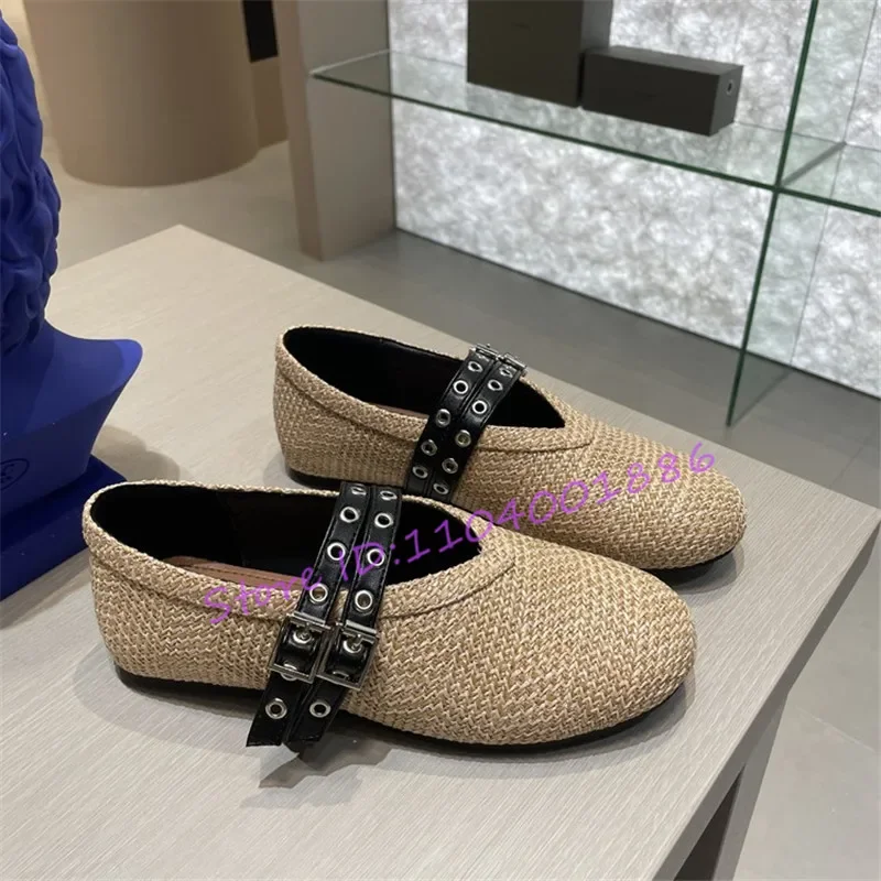 

Round Toe Straw Woven Casual Flat Shoes Double Belt Buckle Women Pumps Summer Comfortable Soft Sole Shallow Vacation Beach Shoes