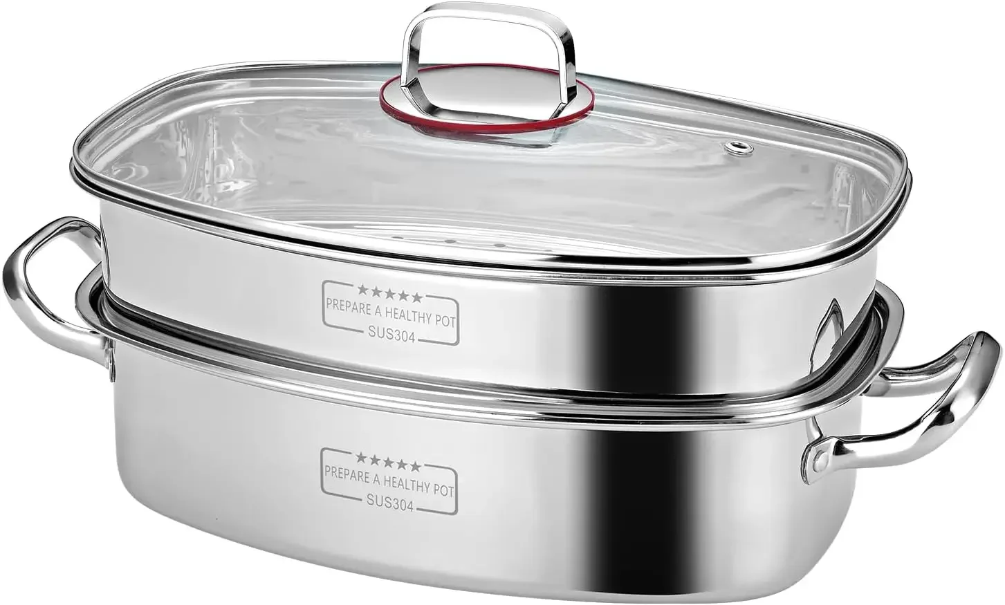 

2-Tier Stainless Steel Fish Steamer - Multi-Use Square Steaming Cookware with Rack, Ceramic Plate, Chuck, Oven Mitts - Stockpot