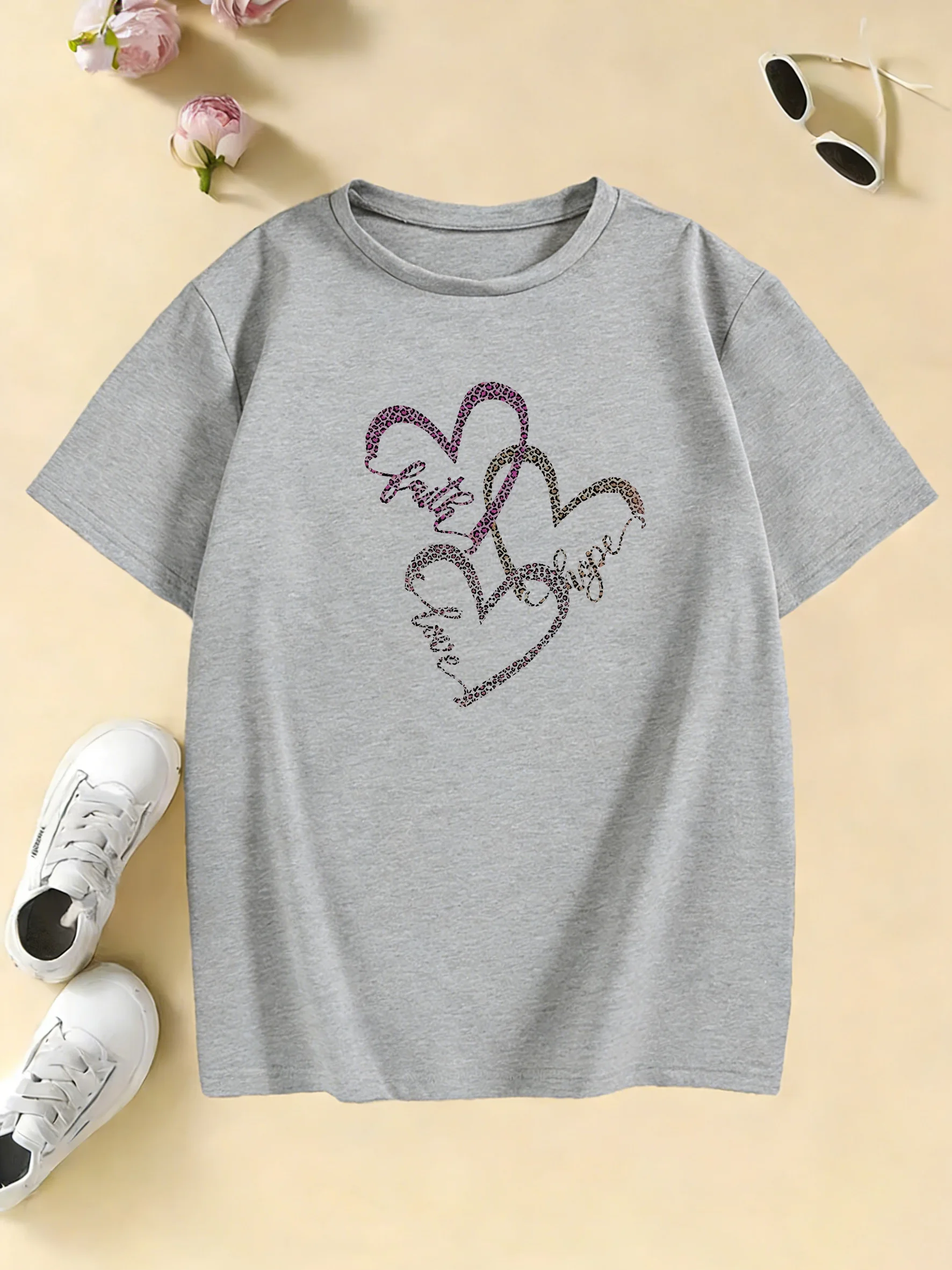 Leopard Print with Love Heart T Shirts Kids Children's T-shirt Boys Girls Summer Spring Casual Top Tee Shirt
