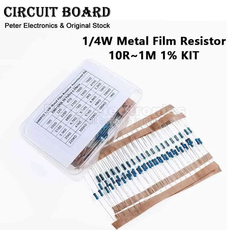 (600pcs) 1/4W Metal Film Resistor Assorted Kit 1% 10R 47R 100R 220R 330R 470R 510R 1K 5.1K 6.8K 10K 47K 51K Ohm 30Values x 20pcs