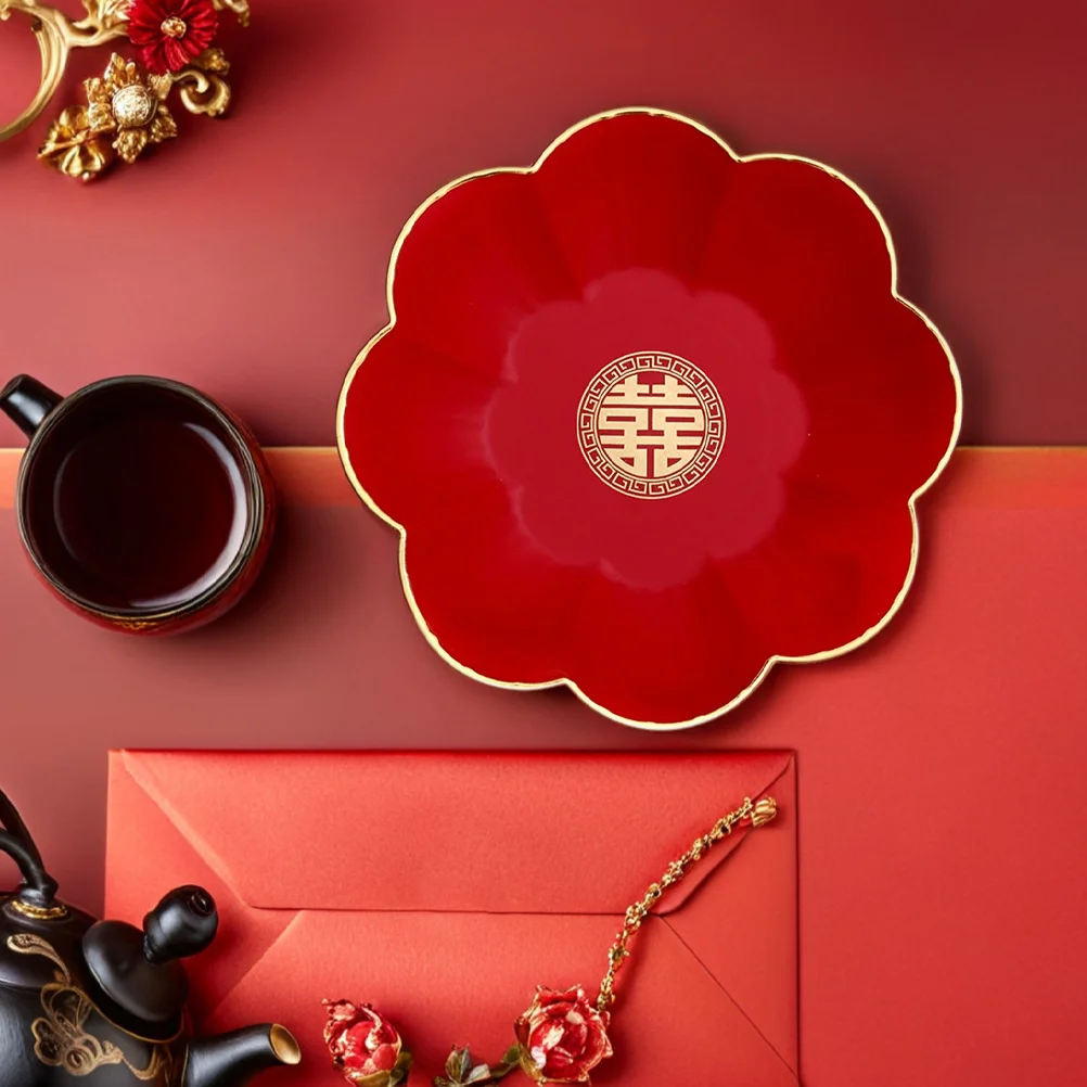 

2Pcs Red Fruit Plate Chinese Style Wedding Tray Candy Snacks Nuts Dried Fruits Decorative Serving Tray Cute Serving Dishes