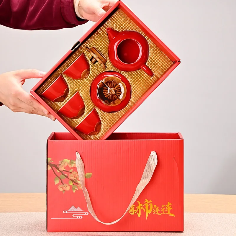 Ceramic Persimmon Kung Fu Tea Set Wedding Gift Chinese Red Wedding Banquet Set Gift Box Tea Set