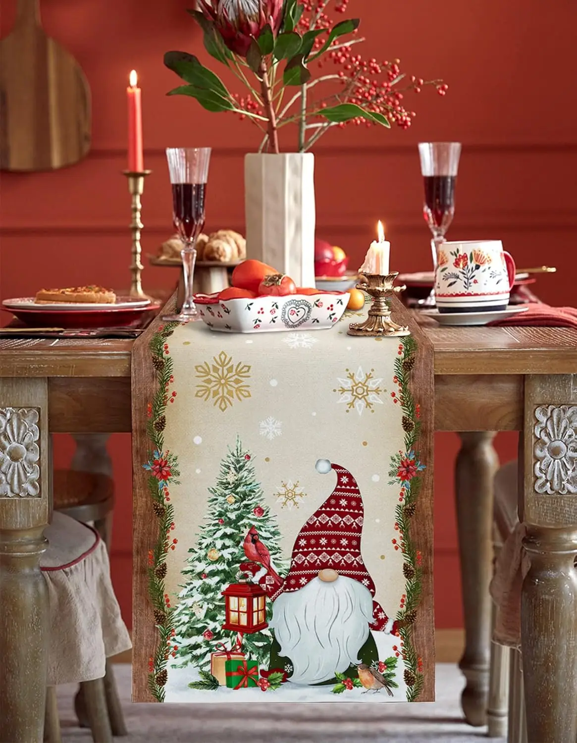 Рождественскую елку Gnome Cardinal Golden Snowflake Linen Table Runner Dresser Scarf Winter Xmas Party Decor Navidad Decorations 2025