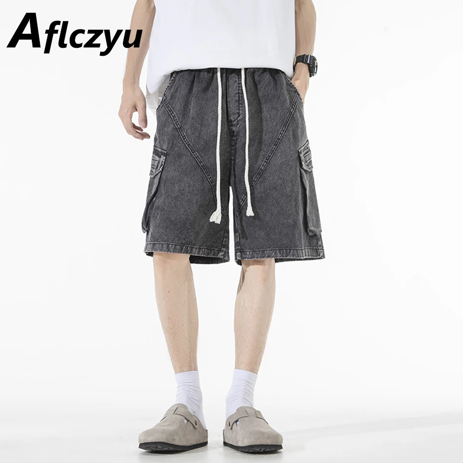 

Vintage Denim Shorts Men Fashion Casual Multiple Pockets Denim Shorts Summer Elastic Waist Short Pants Male