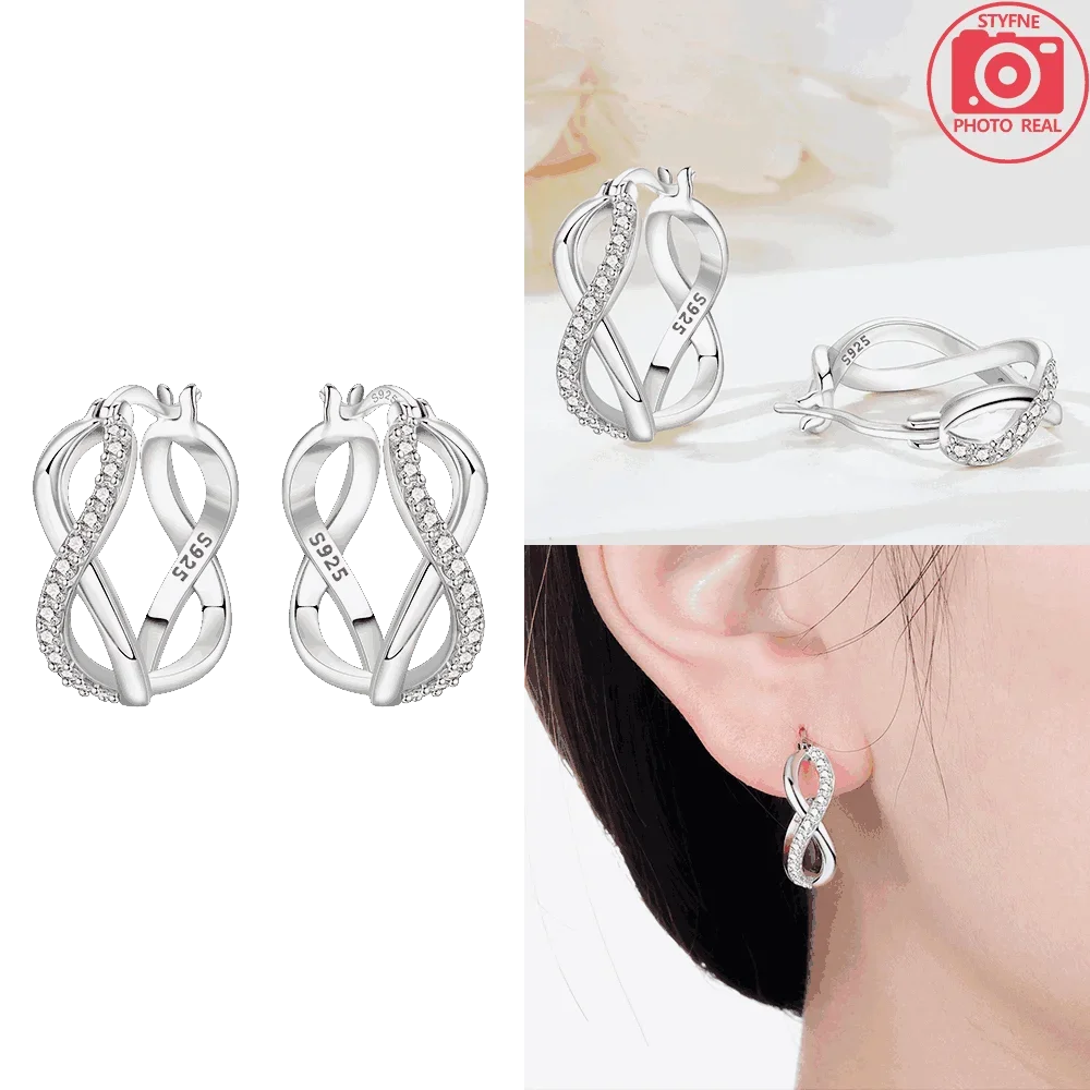 هندسية خط أقراط مرصعة بحجر الزركون إنفينيتي رمز القلب تصميم المرأة شحمة الأذن 925 قرط فضي النساء هدية عيد الحب مجوهرات #3