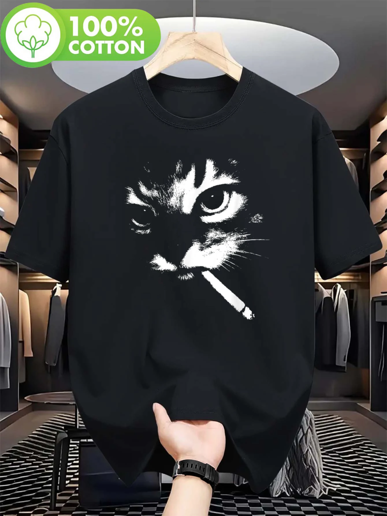 

Men's Funny Smoking Cat & - Heavyweight 180gsm Cotton T-Shirt with Gangster Meme Design, Edgy Streetwear Crewneck Tee for Casual