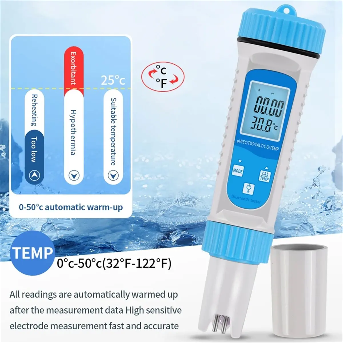 Bluetooth 6-in-1 TDS-meter Digitale watertester EC TDS ZOUT Temperatuur PH-meter Aquariumwatertester
