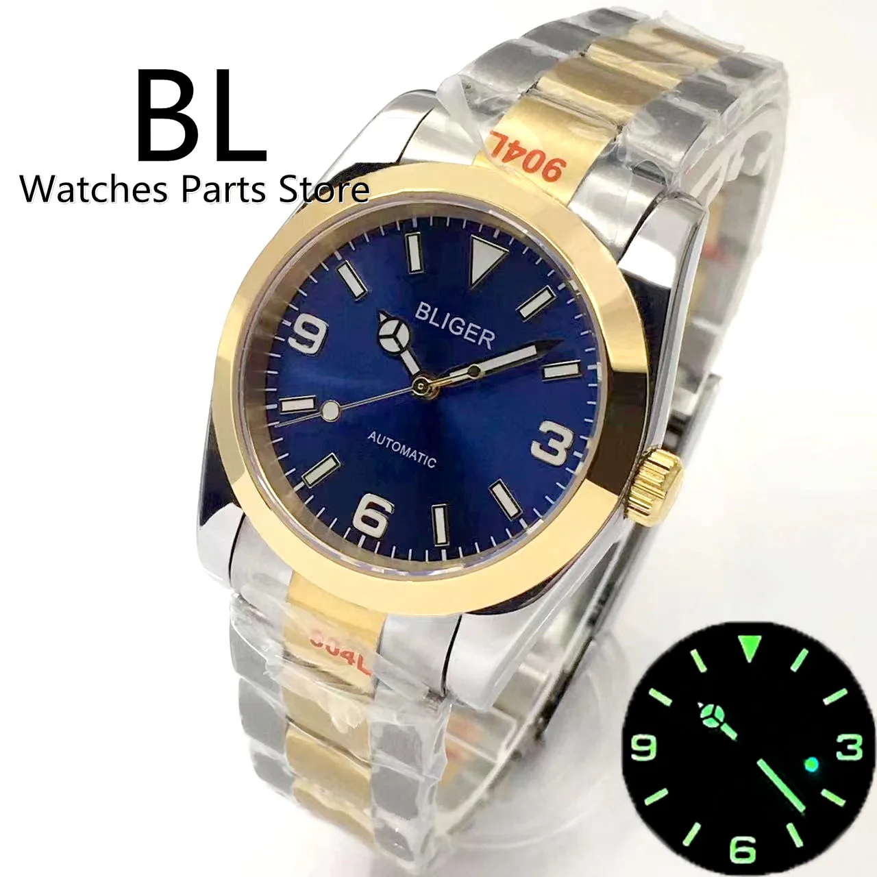 BLIGER 36mm/39mm Two Tone Gold Watch For Men With Steel Bracelet Polished Bezel Sapphire Glass Black Dial Green LumeNH35 PT5000