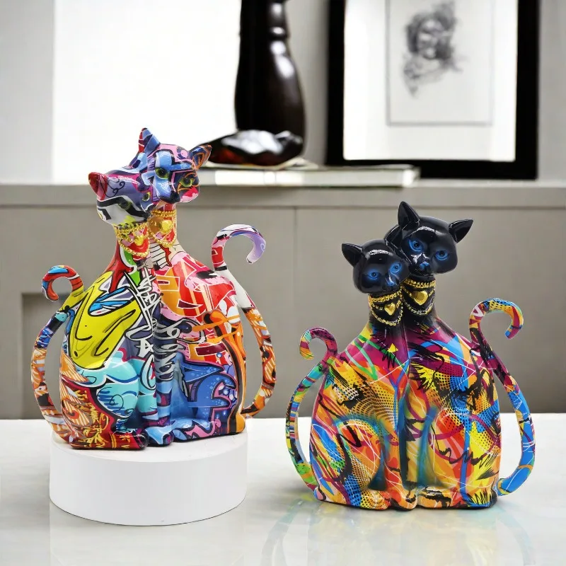 Creative Sculptures, Graffiti, Colorful Cat Statues, Decorative Crafts, Home Decor, Porch Wine Cabinets, TV Cabinets, Decoration