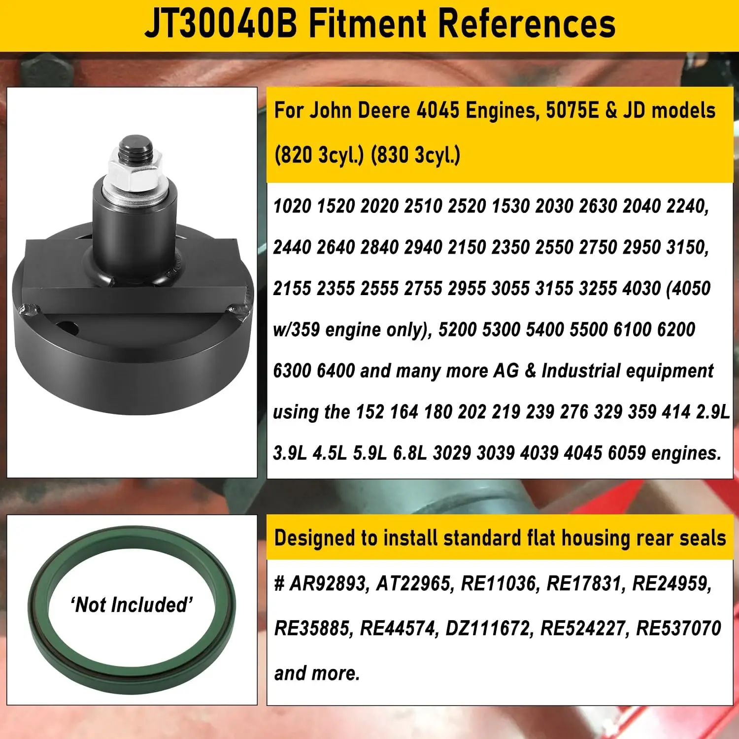 TM JT30040B Crankshaft Rear Main Seal Installer Fit for John Deere 152 164 180 202 219 239 329 359 414 Engine Install Tool