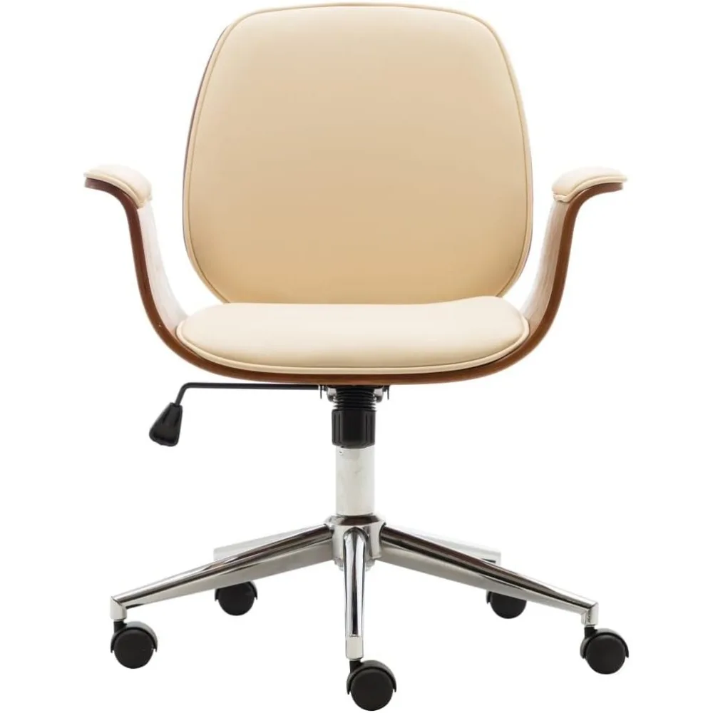 Офисное кресло из искусственной кожи кремового цвета с регулируемой высотой и изогнутым деревянным каркасом для удобной работы или домашнего использования