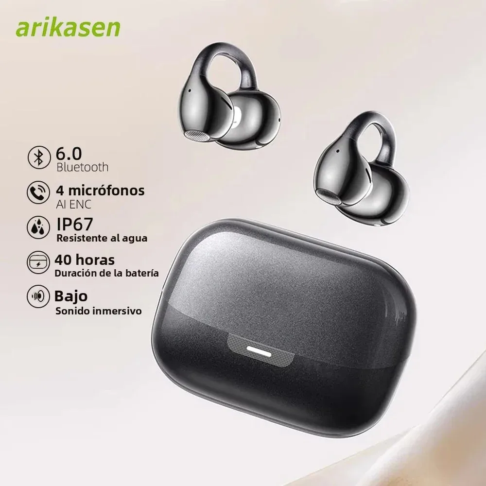 Auriculares de Oreja Abierta, Auriculares Bluetooth 6.0 con Clip, Auriculares Ligeros y Cómodos de Oreja Abierta, 40 Horas de Reproducción, Llamadas Nítidas, Ajuste Seguro