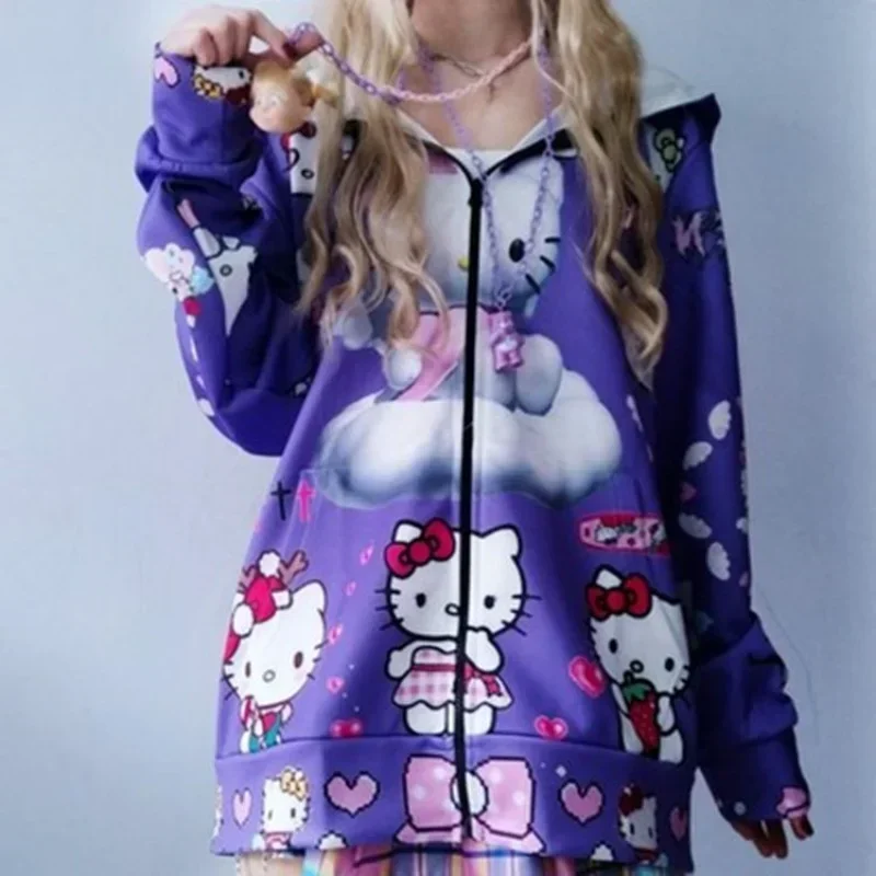 Lolita Hello Kitty Coat Purple Harajuku Cute Zipper Hoodie Top Jackets for Women Varsity Jacket Harajuku Coat Women Oversize 5xl