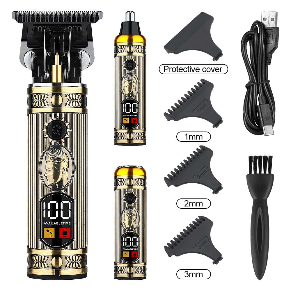 2pc/t9 tosquiadeira de cabelo shaver nariz aparador de cabelo conjunto profissional máquina de cortar cabelo barbeiro dos homens barbeador elétrico retro barbeiro