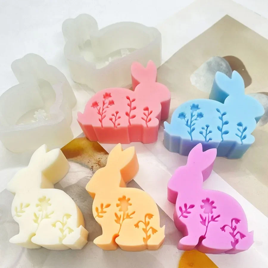 Easter Day Rabbit Silicone Mould for Candle Relief Lily Bunny Soap Making Tool 3D Flower Gypsum Mold Animal Shape Festival Gifts