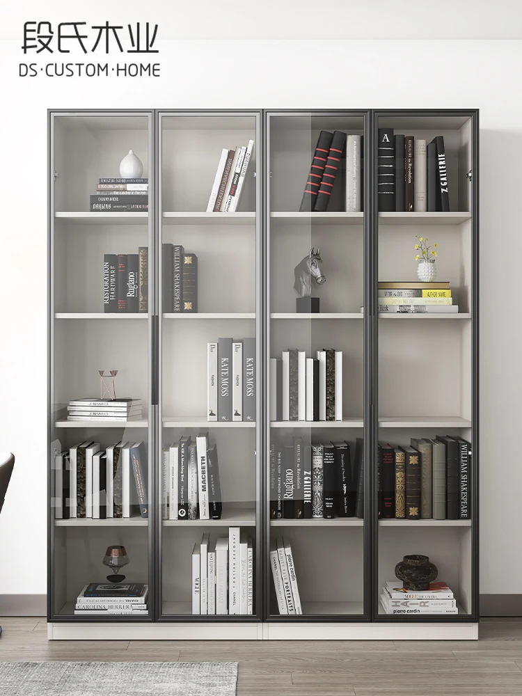 Floor to floor bookcase with glass door, combined bookshelf, minimalist modern handmade display living room