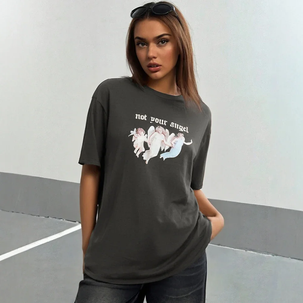 

Женские футболки, лето 2021, корейские повседневные модные футболки с короткими рукавами и круглым вырезом с принтом