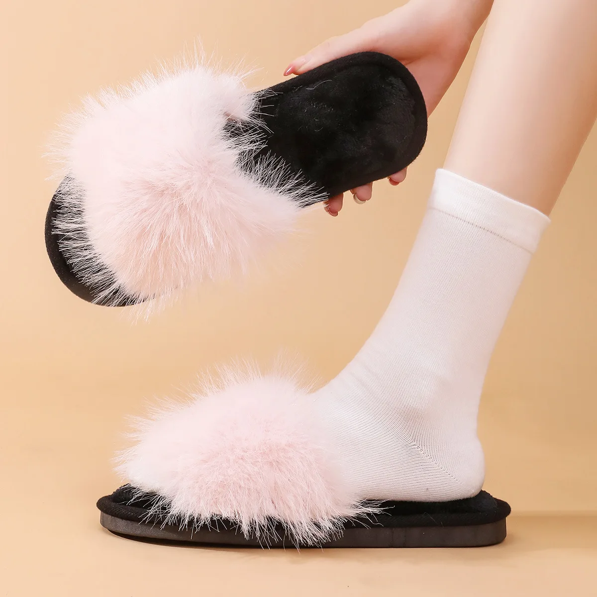 Faux Fur Indoor Fluffy Slippers For Women Autumn Winter House Shoes Anti-slip Open Toe Warm Plush Girls Home Floor Slides