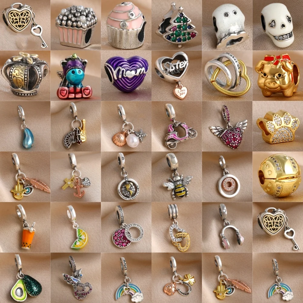 Nuevo y Popular Colgante de Plata 925 con Diseño de Pata de Perro, Carrito de Palomitas y Té con Leche, Compatible con Pulseras Originales, Accesorios DIY, Joyería Exquisita ﻿