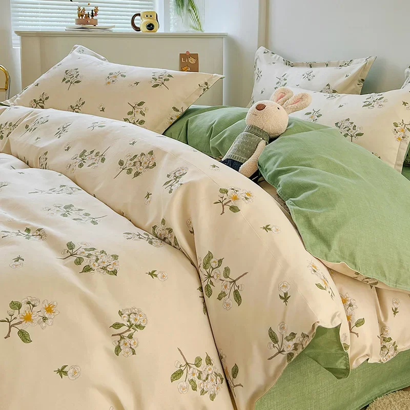 New Style Fresh Pure Cotton Matte Four Piece Set, Thickened Washed Cotton Bed Sheets, Duvet Cover, Dormitory Three Piece Bedding