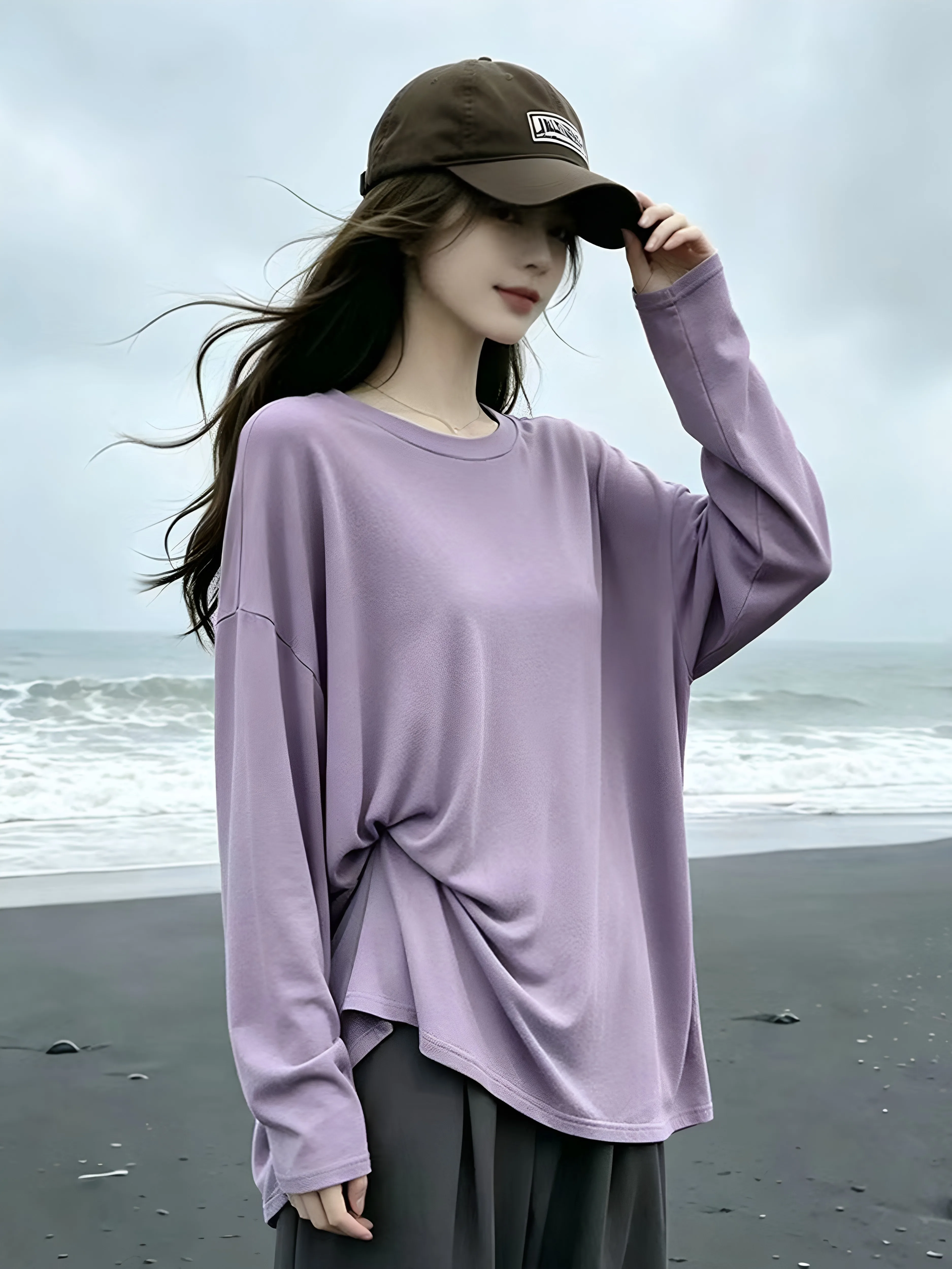 Loose Long Sleeve Purple T-Shirt Women's Autumn Casual Comfortable Versatile Beautiful Top Commute Style Korean Loose Fit Sol...