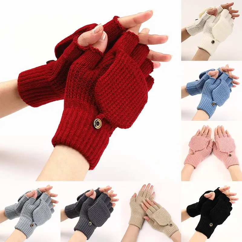Manoplas gruesas y cálidas para pantalla táctil, guantes tejidos sin dedos, manoplas de medio dedo a rayas, cubiertas con solapa abierta, guantes suaves