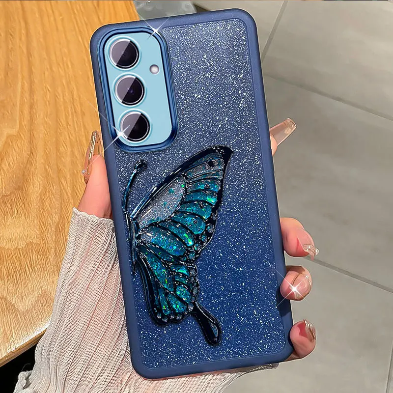 Butterfly Quicksand Cute Case for Samsung galaxy M35 M55 M54 M34 A13 A04S A25 A15 A24 Shockproof Glitter Cover Case M 55 35 5G