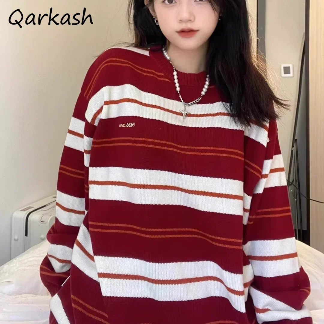 

Striped Pullovers Women Long Sleeve Autumn Pullover Sweaters Knitted Design Tops O-neck Fashionable OL Leisure Aesthetic Cozy