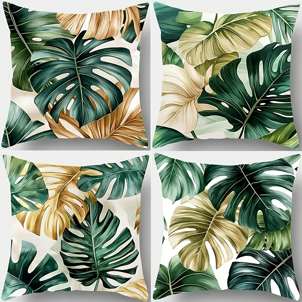 1PC 2D Flat Tropical Monstera Leaf Throw Pillow Covers Boho Green Gold Botanical Cushion Cases for Home Decor No Pillow Core