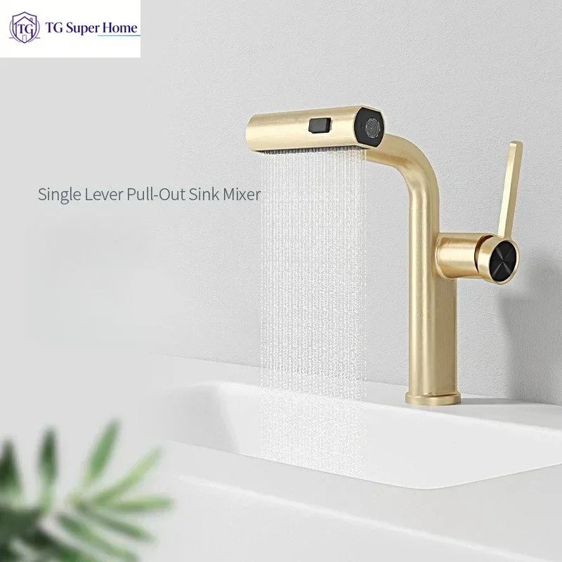 Bathroom Waterfall Basin Faucet Three Modes Pull-out Sink Mixer Deck Mounted Single Hole Sink Faucet Hot Cold Water Mixer Taps