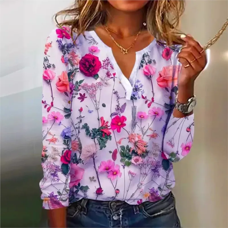 Vintage Flower Printed Long Sleeve T-shirt Autumn Women Loose Elegant Tops V-neck Office Lady Vacation Beach Casual Sweet Blouse